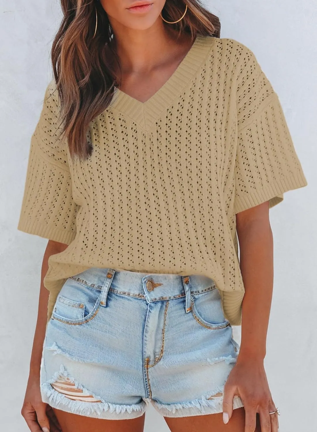 Dokotoo Womens Casual Summer Tops V Neck Short Sleeve Shirts Solid Hollow Out Lightweight Loose Fit Sweater Blouses