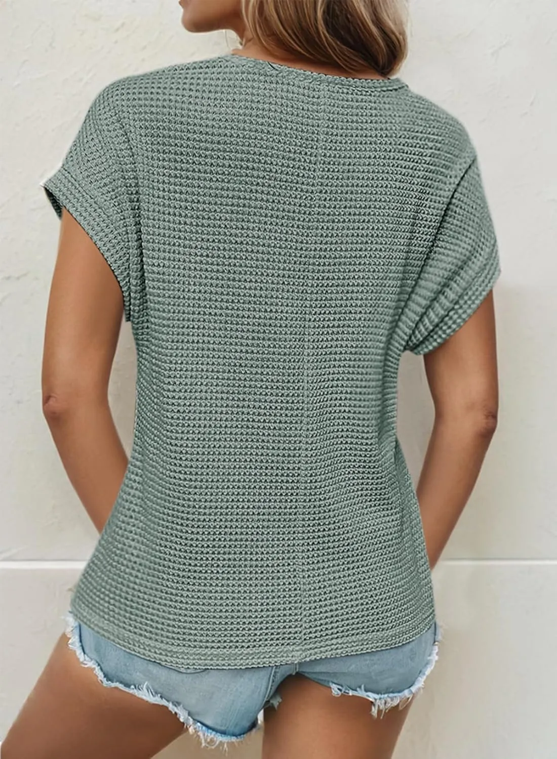 Dokotoo Women's Tops Casual Scoop Neck Short Sleeve Waffle Knit Hollow Out Shirts Loose Tunic Tops Blouses