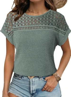 Dokotoo Women's Tops Casual Scoop Neck Short Sleeve Waffle Knit Hollow Out Shirts Loose Tunic Tops Blouses