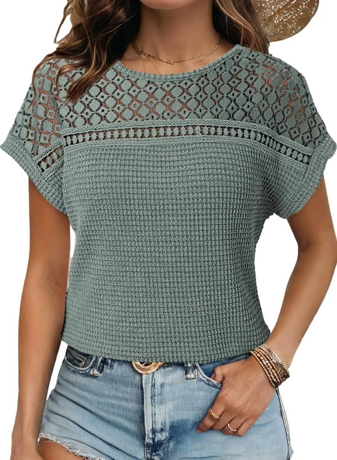 Dokotoo Women's Tops Casual Scoop Neck Short Sleeve Waffle Knit Hollow Out Shirts Loose Tunic Tops Blouses