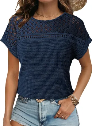 Dokotoo Women's Tops Casual Scoop Neck Short Sleeve Waffle Knit Hollow Out Shirts Loose Tunic Tops Blouses