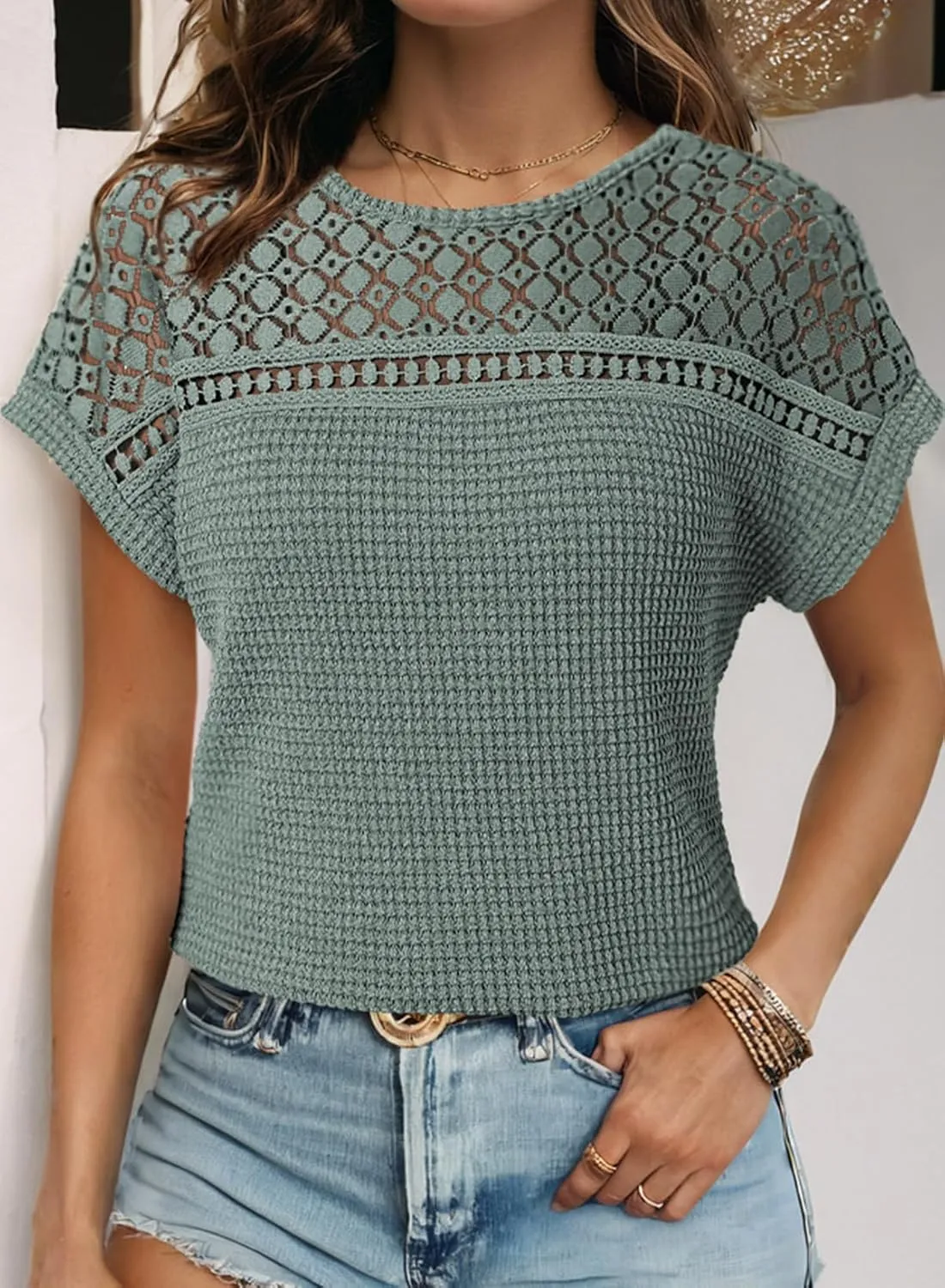 Dokotoo Women's Tops Casual Scoop Neck Short Sleeve Waffle Knit Hollow Out Shirts Loose Tunic Tops Blouses