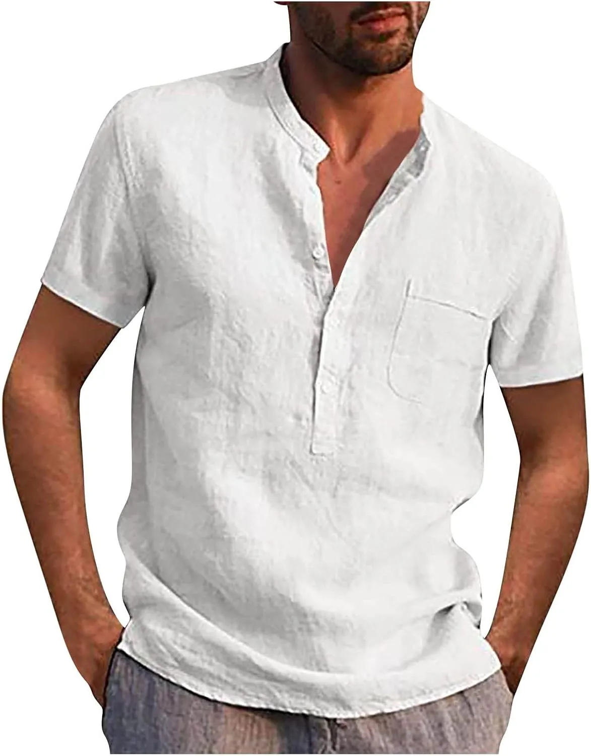 DuDubaby Linen Shirts for Men Designer Spring Summer Men's Casual Cotton Linen Solid Color Short Sleeve Shirts Loose Stand