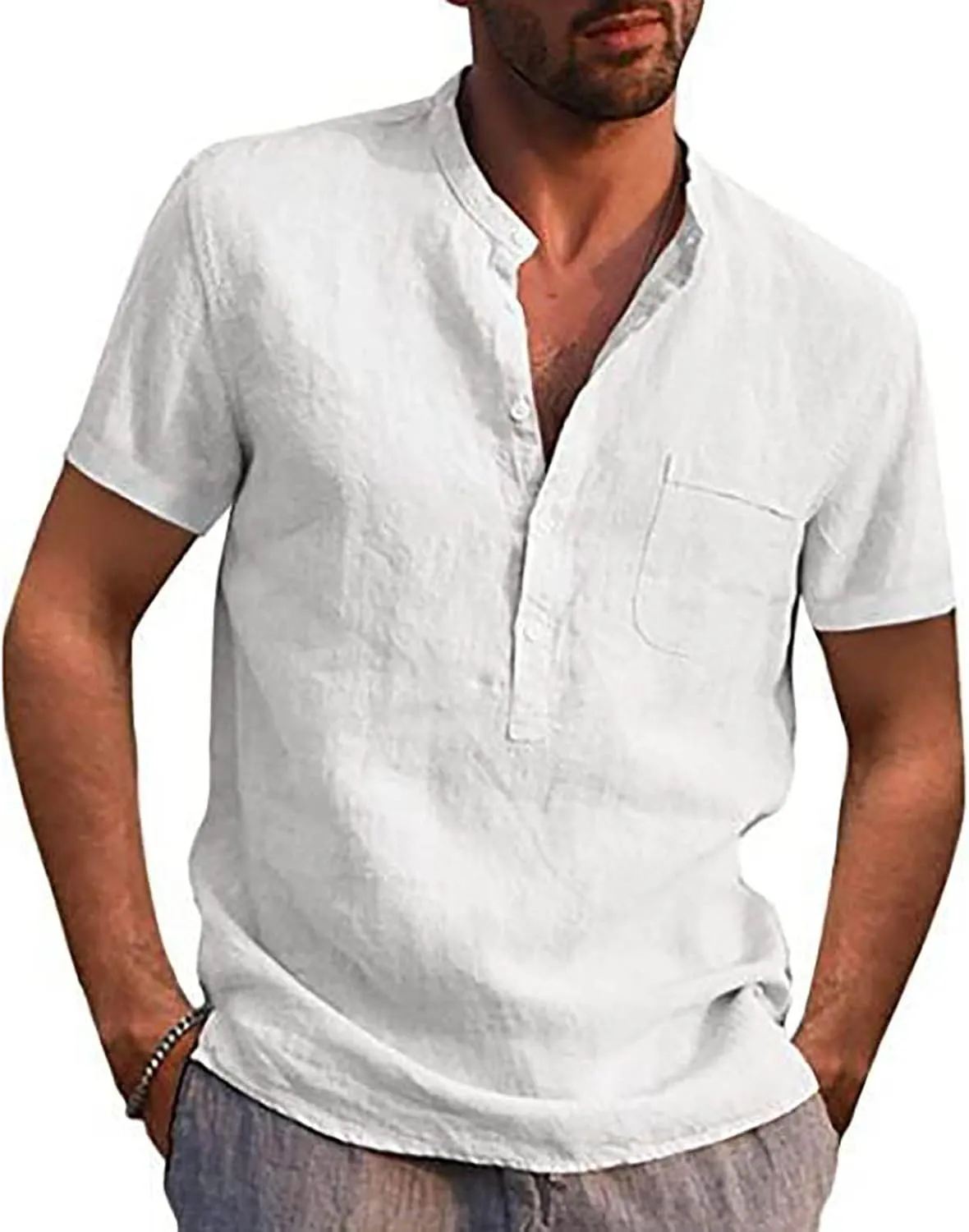 DuDubaby Linen Shirts for Men Designer Spring Summer Men's Casual Cotton Linen Solid Color Short Sleeve Shirts Loose Stand