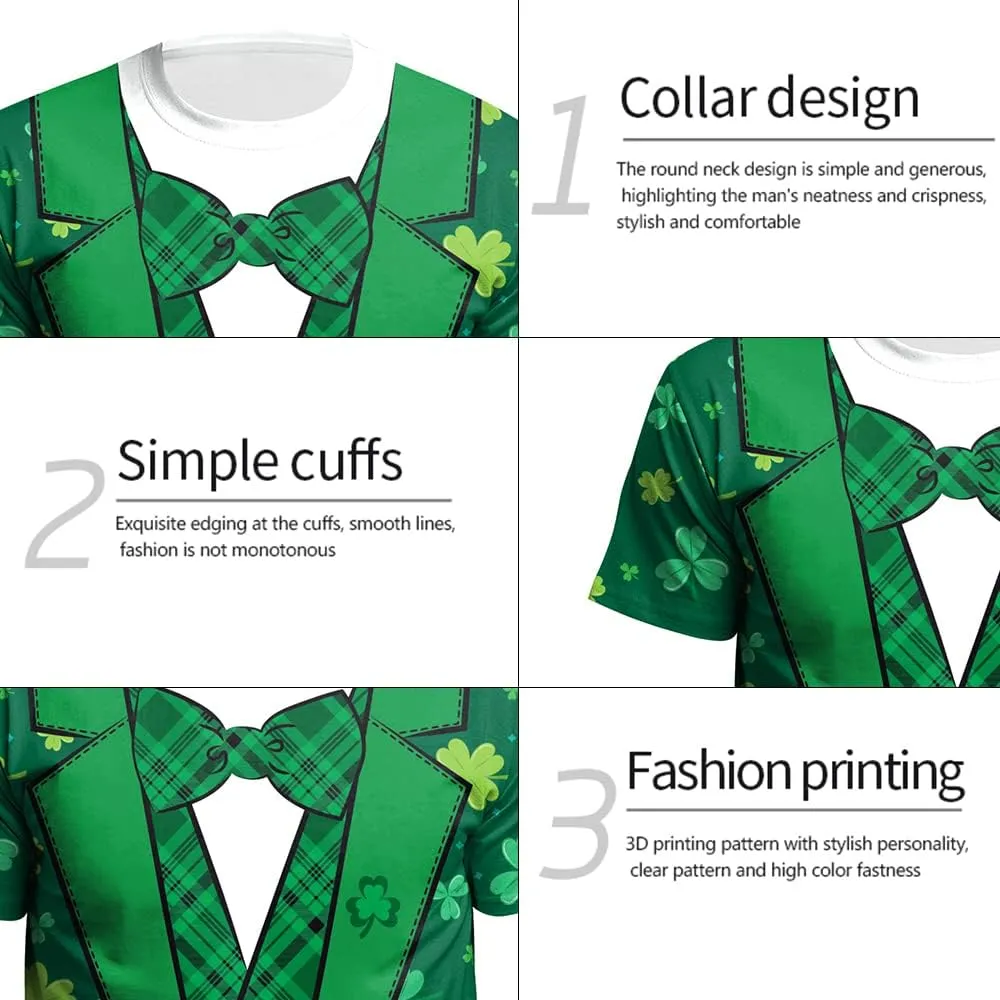 Eciodci Men's St Patricks Day T-Shirts Novelty 3D Printed Shamrock Tuxedo Tees Shirt Clover Leaves Casual Short Sleeve Shirts