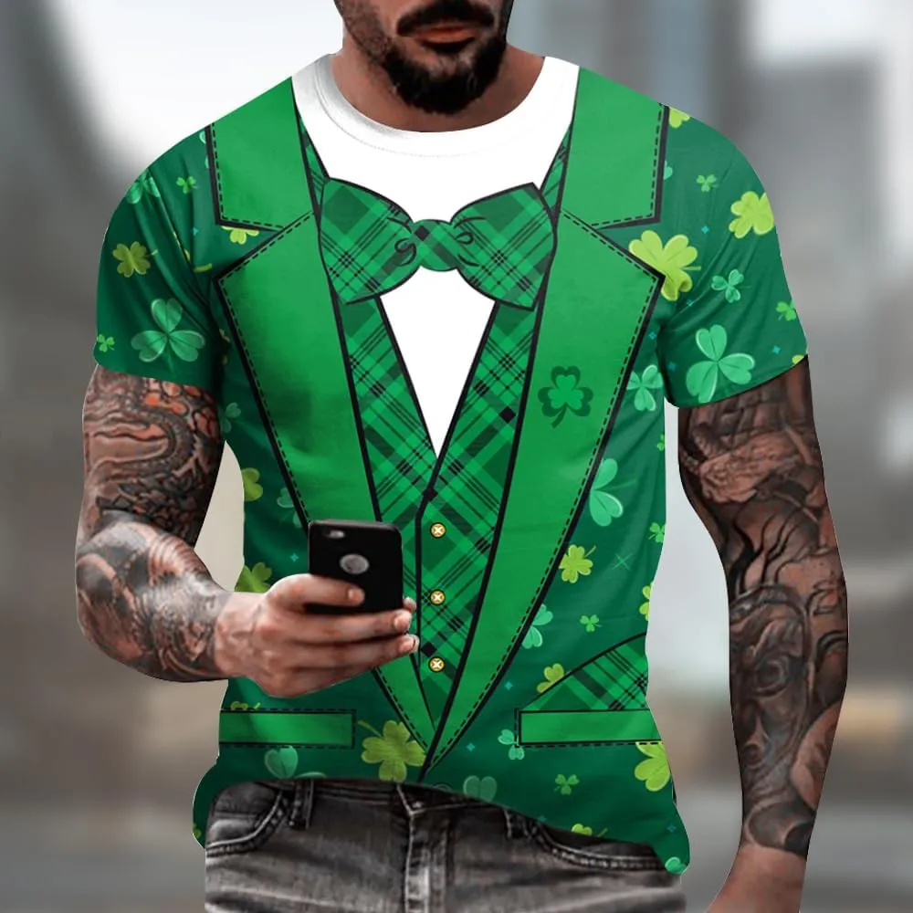 Eciodci Men's St Patricks Day T-Shirts Novelty 3D Printed Shamrock Tuxedo Tees Shirt Clover Leaves Casual Short Sleeve Shirts