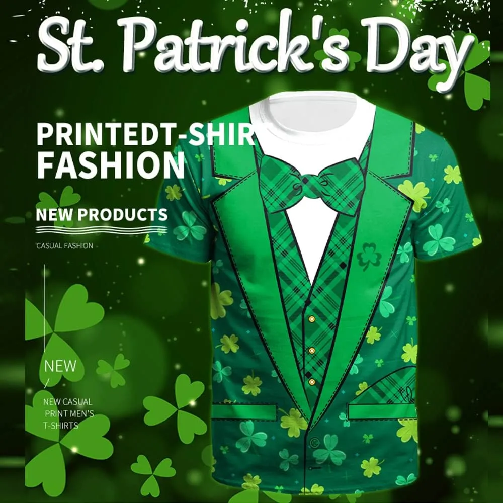 Eciodci Men's St Patricks Day T-Shirts Novelty 3D Printed Shamrock Tuxedo Tees Shirt Clover Leaves Casual Short Sleeve Shirts