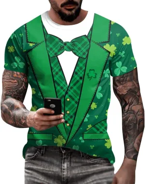 Eciodci Men's St Patricks Day T-Shirts Novelty 3D Printed Shamrock Tuxedo Tees Shirt Clover Leaves Casual Short Sleeve Shirts