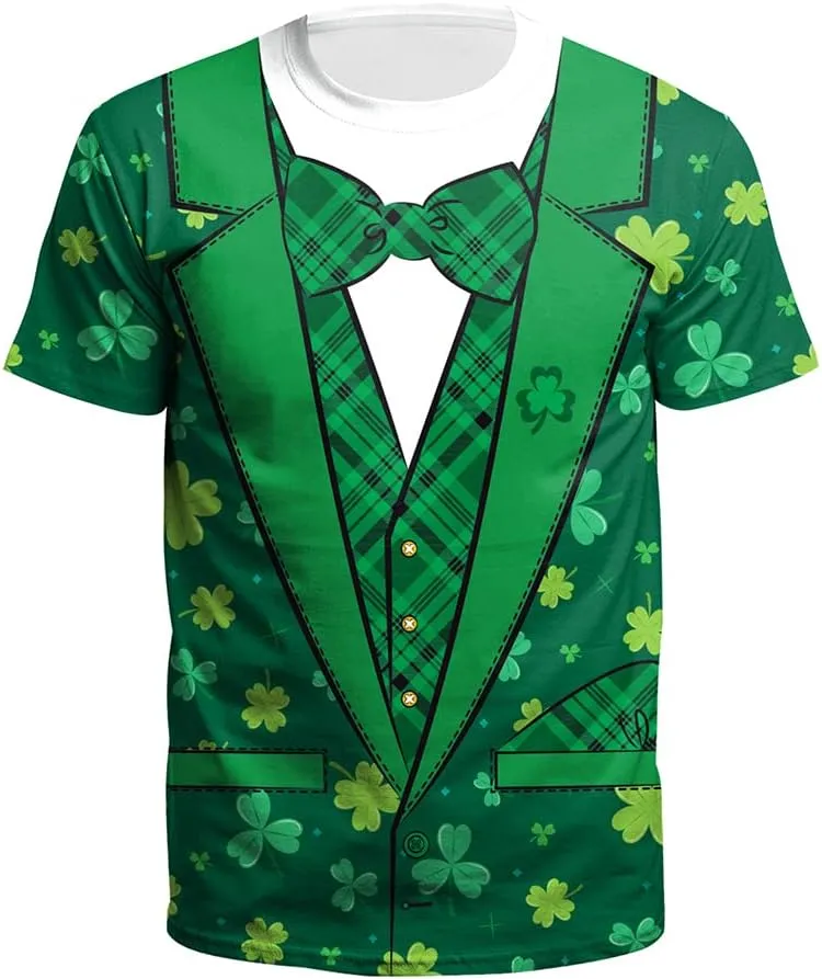 Eciodci Men's St Patricks Day T-Shirts Novelty 3D Printed Shamrock Tuxedo Tees Shirt Clover Leaves Casual Short Sleeve Shirts