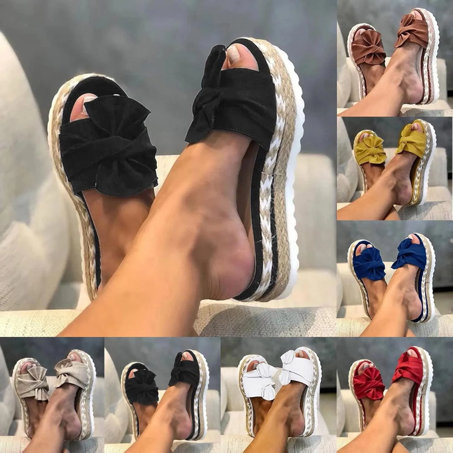 Eduavar Espadrille Sandals for Women, Platform Sandals Women Chunky Heel Dressy Summer Open Toe Sandals Bow Tie Wedge Sandals