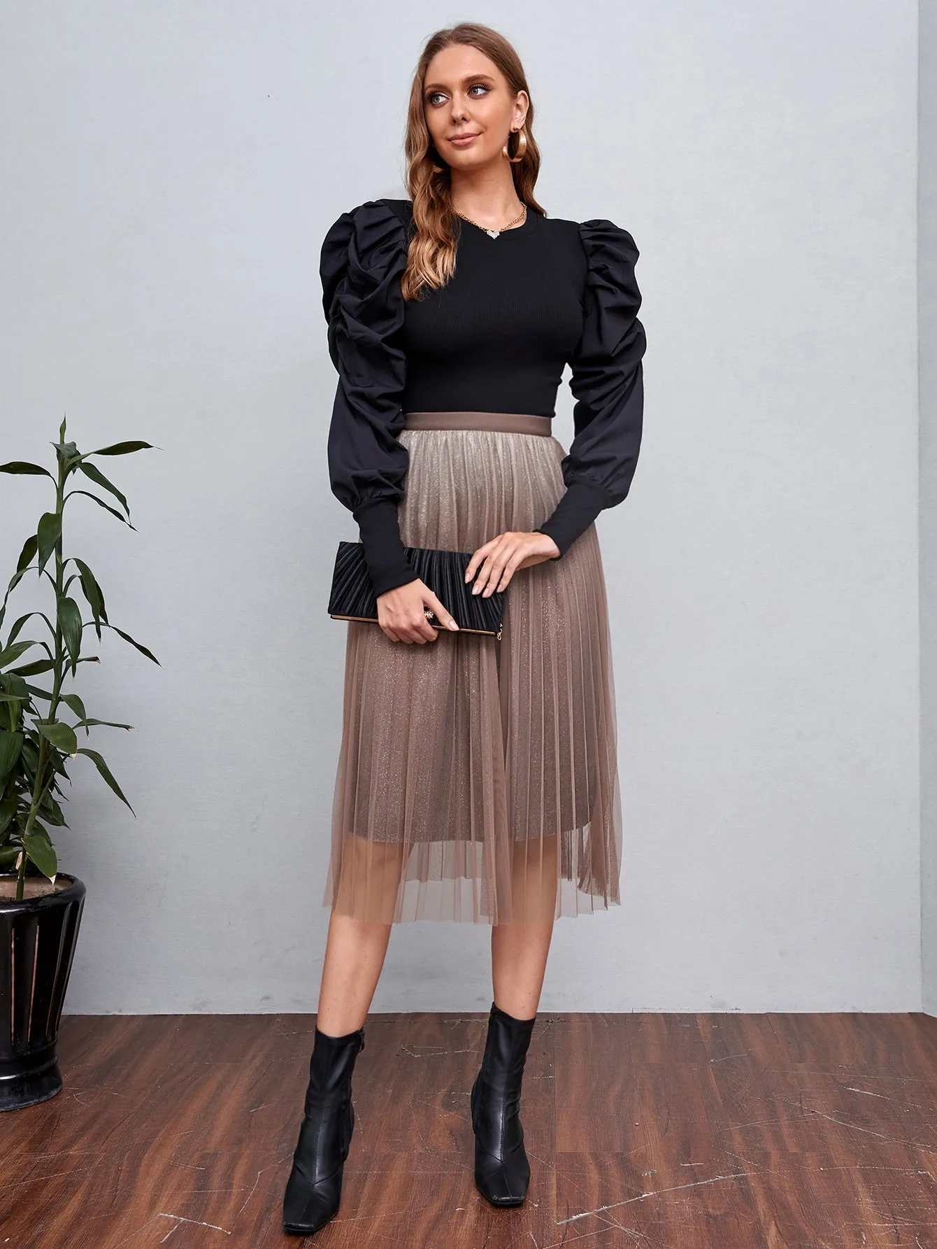 Elegant Ombre Contrast Mesh High Waist Midi Women Skirt