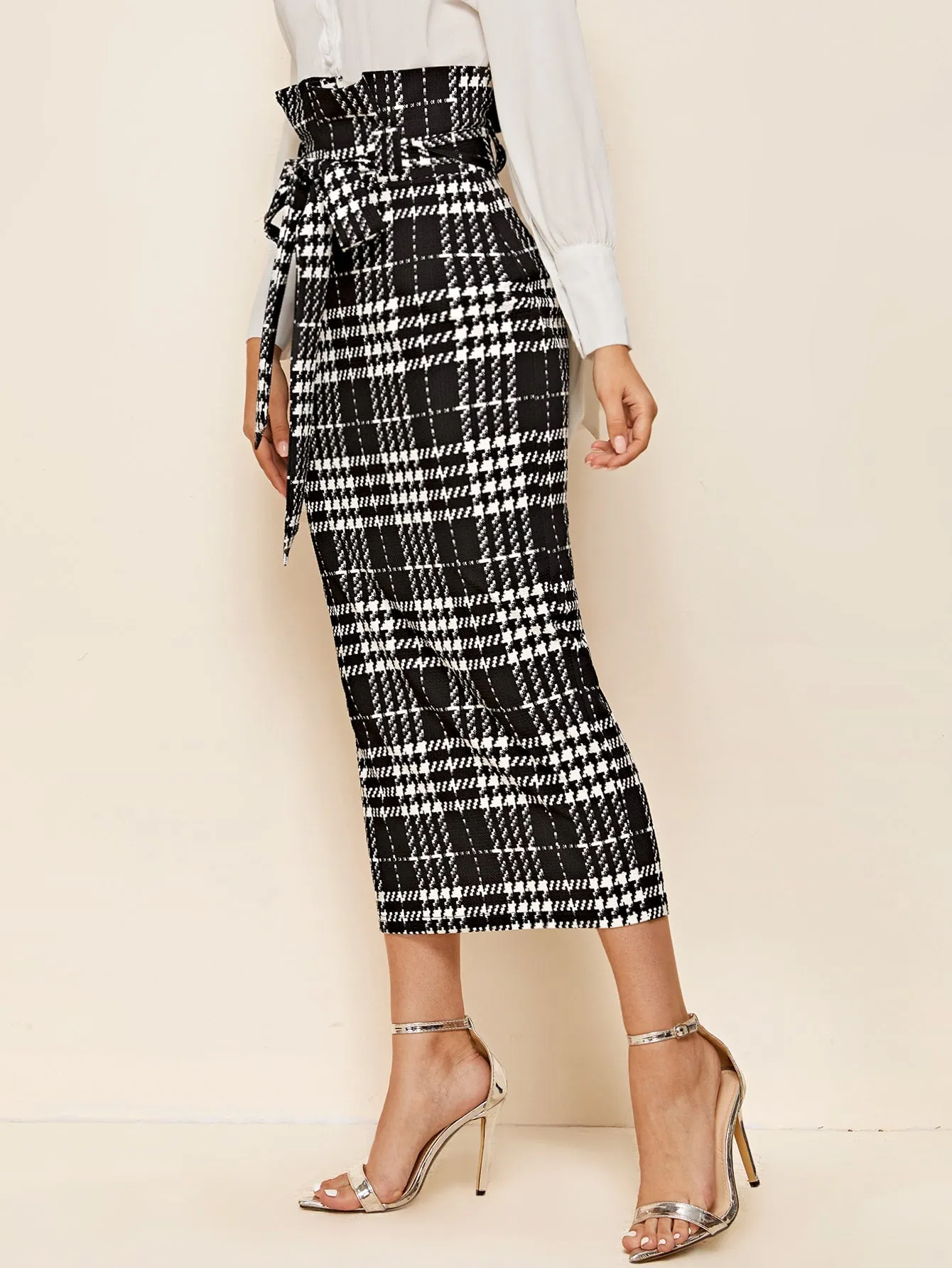 Elegant Plaid Paper Bag Waist High Waist Midi Women Skirt