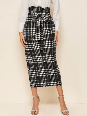 Elegant Plaid Paper Bag Waist High Waist Midi Women Skirt