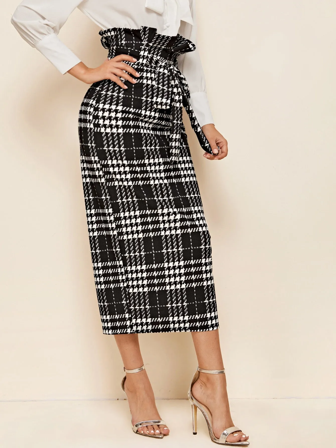 Elegant Plaid Paper Bag Waist High Waist Midi Women Skirt