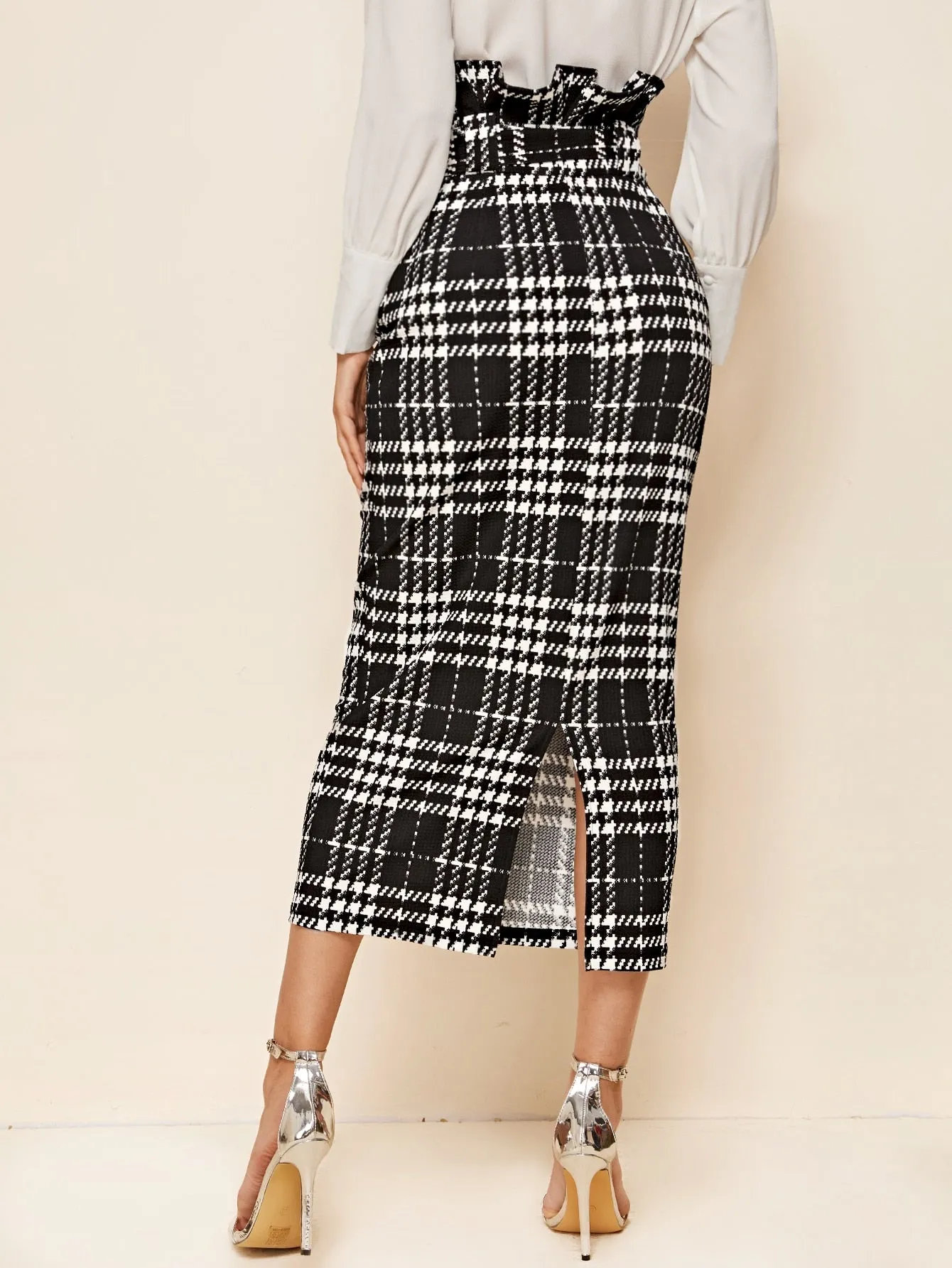 Elegant Plaid Paper Bag Waist High Waist Midi Women Skirt
