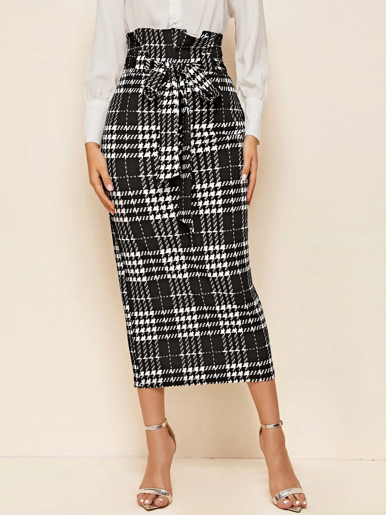 Elegant Plaid Paper Bag Waist High Waist Midi Women Skirt