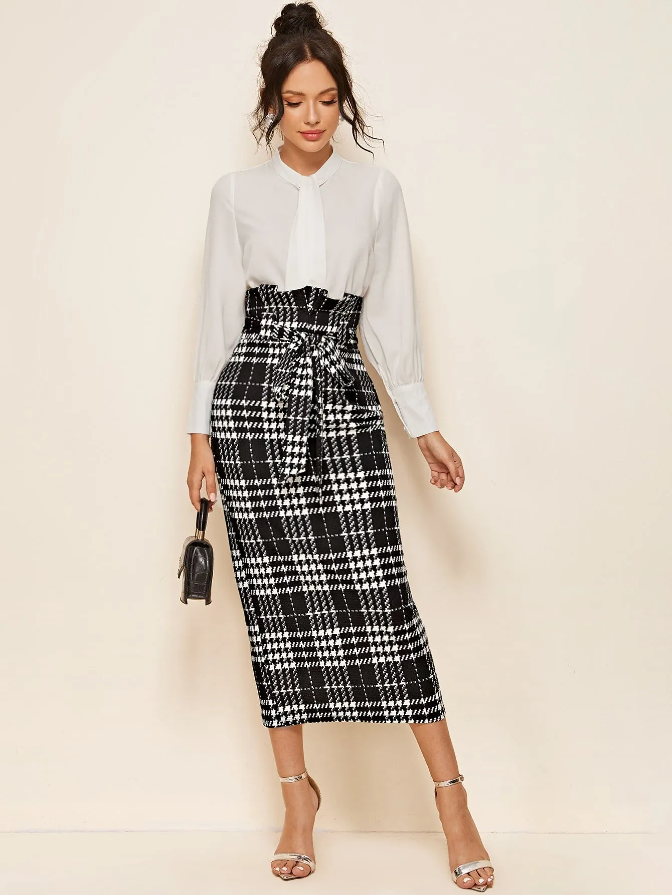 Elegant Plaid Paper Bag Waist High Waist Midi Women Skirt