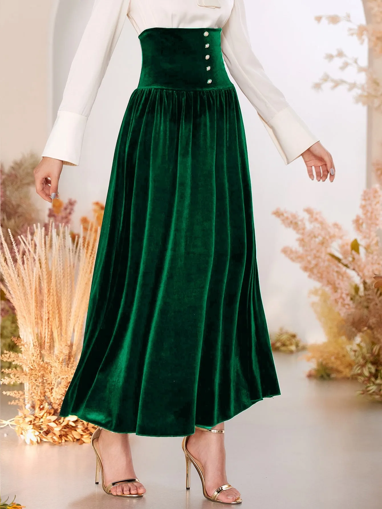 Elegant Plain Button High Waist Long Women Skirt
