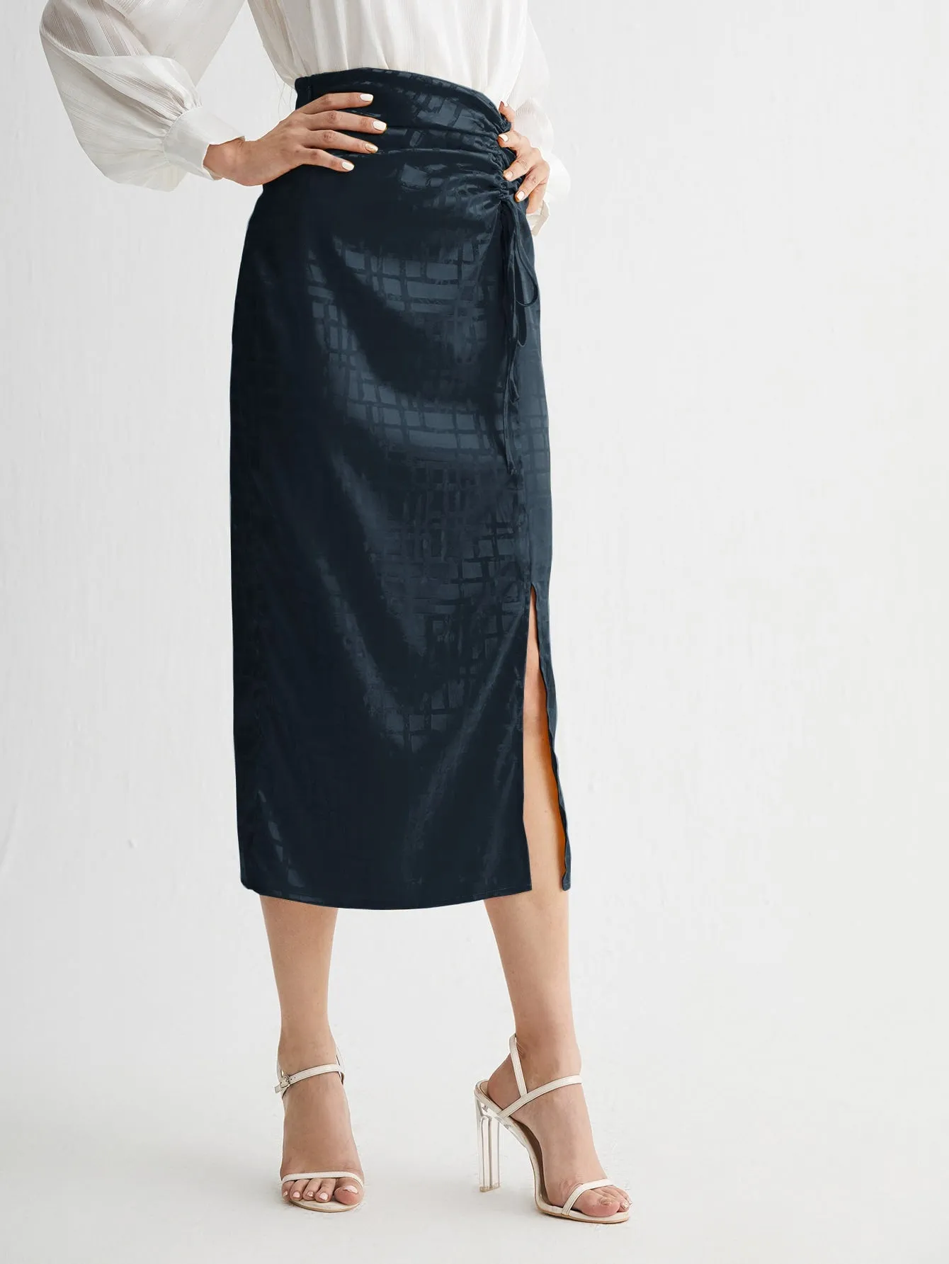 Elegant Plain Ruched High Waist Long Women Skirt