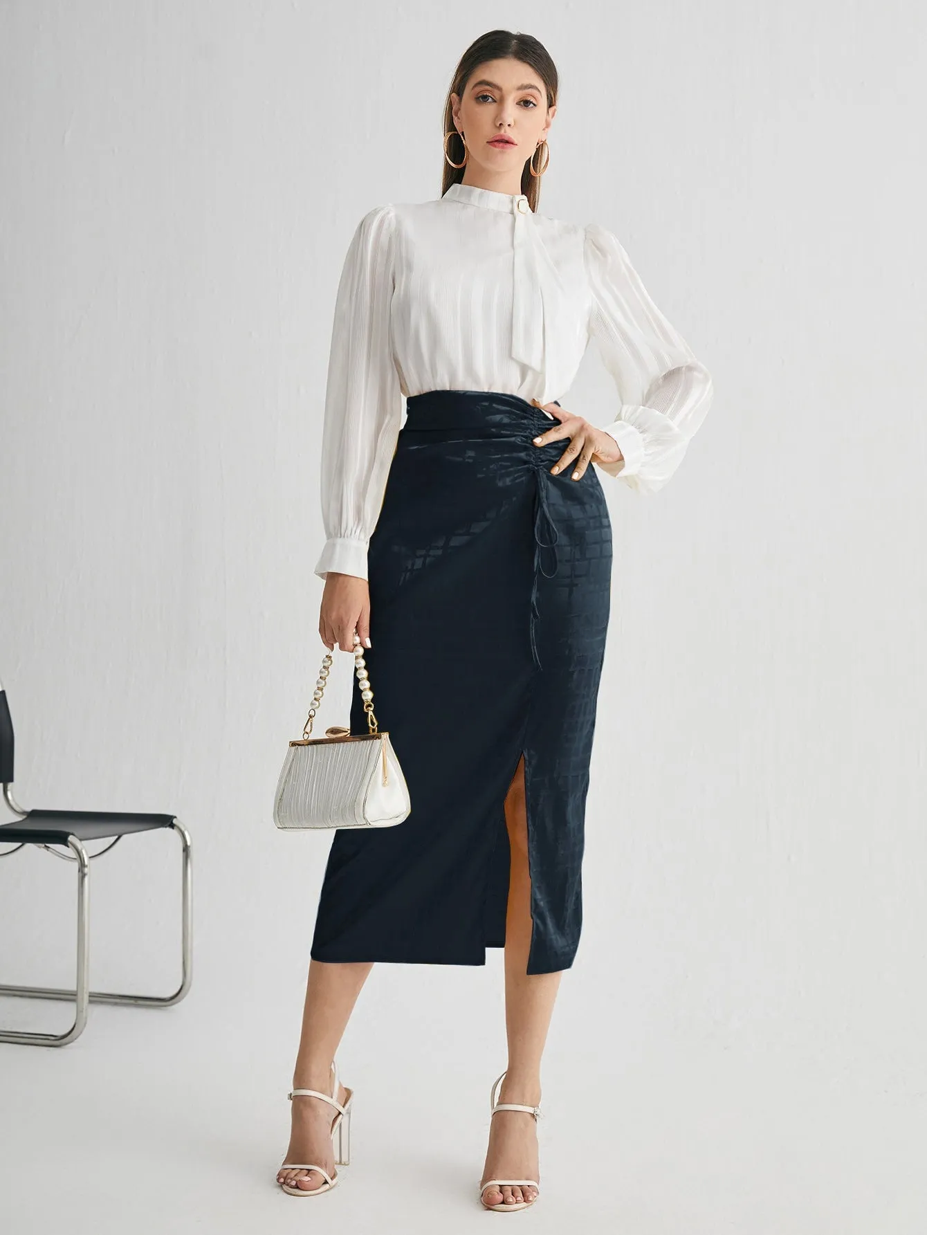 Elegant Plain Ruched High Waist Long Women Skirt