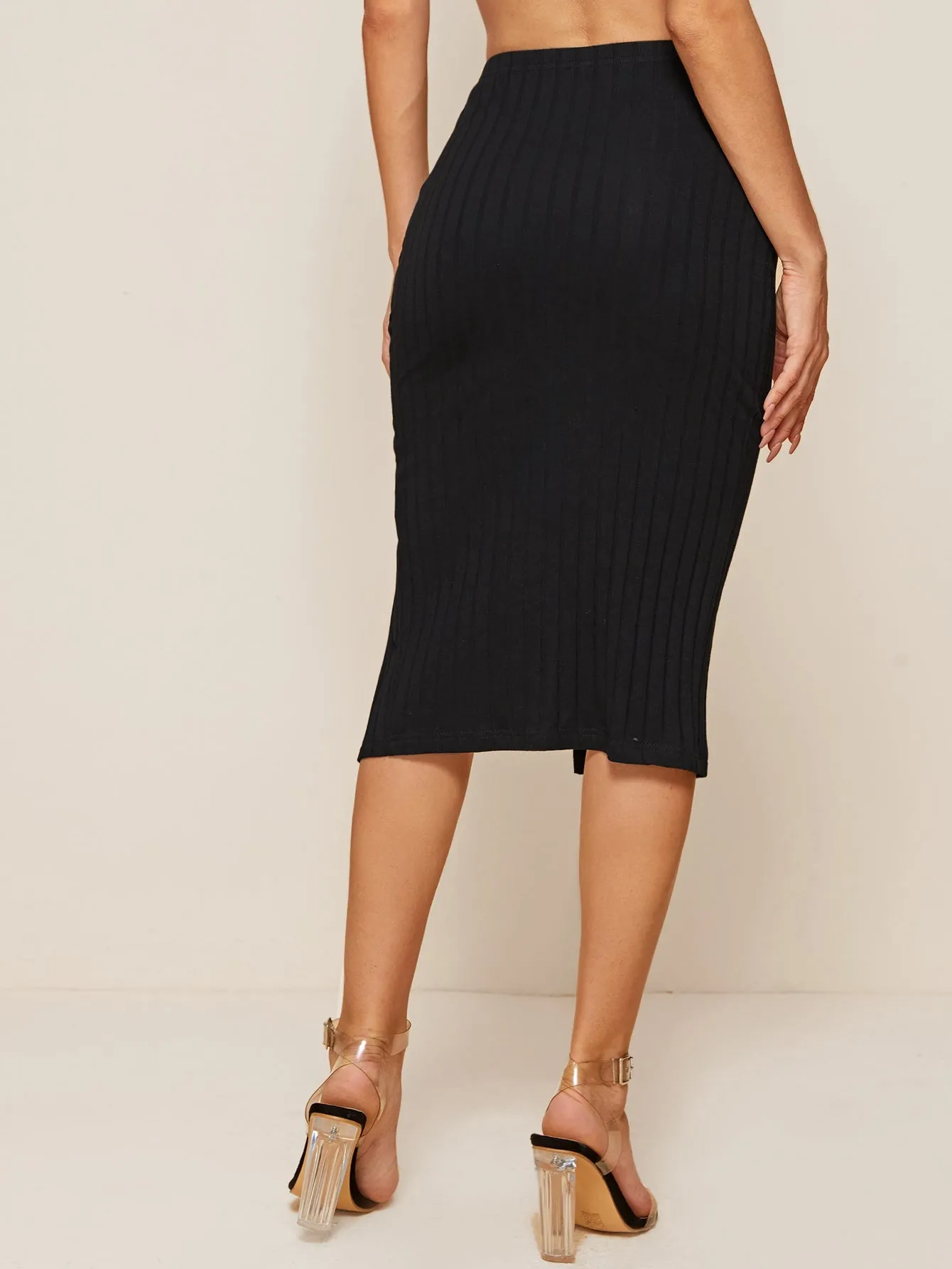 Elegant Plain Split Thigh High Waist Knee Length Women Skirt