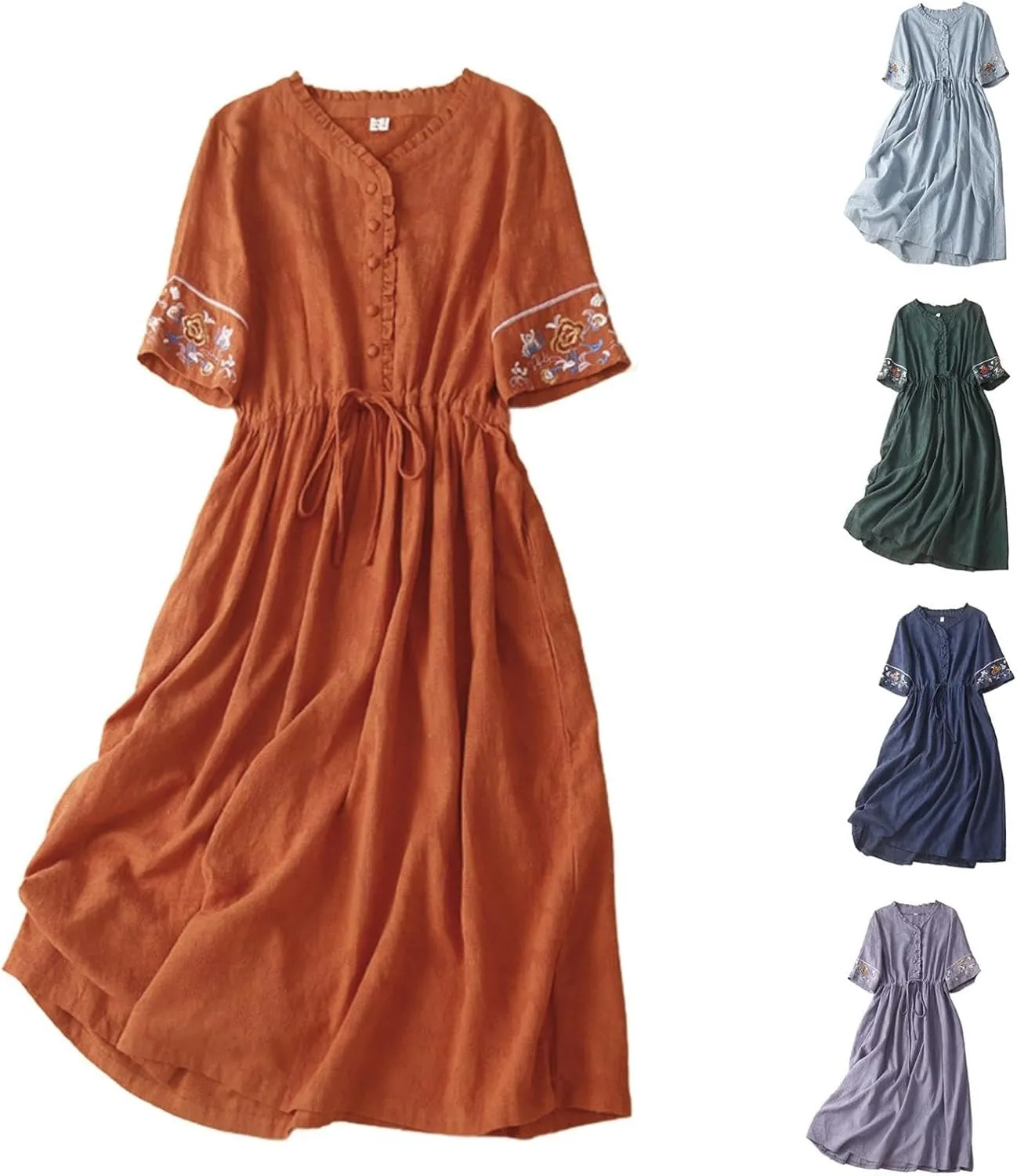 Embroidered Linen Maxi Dress Women Casual Summer Boho Petite Cotton Midi Dresses Short Sleeve A Line Beach Dress