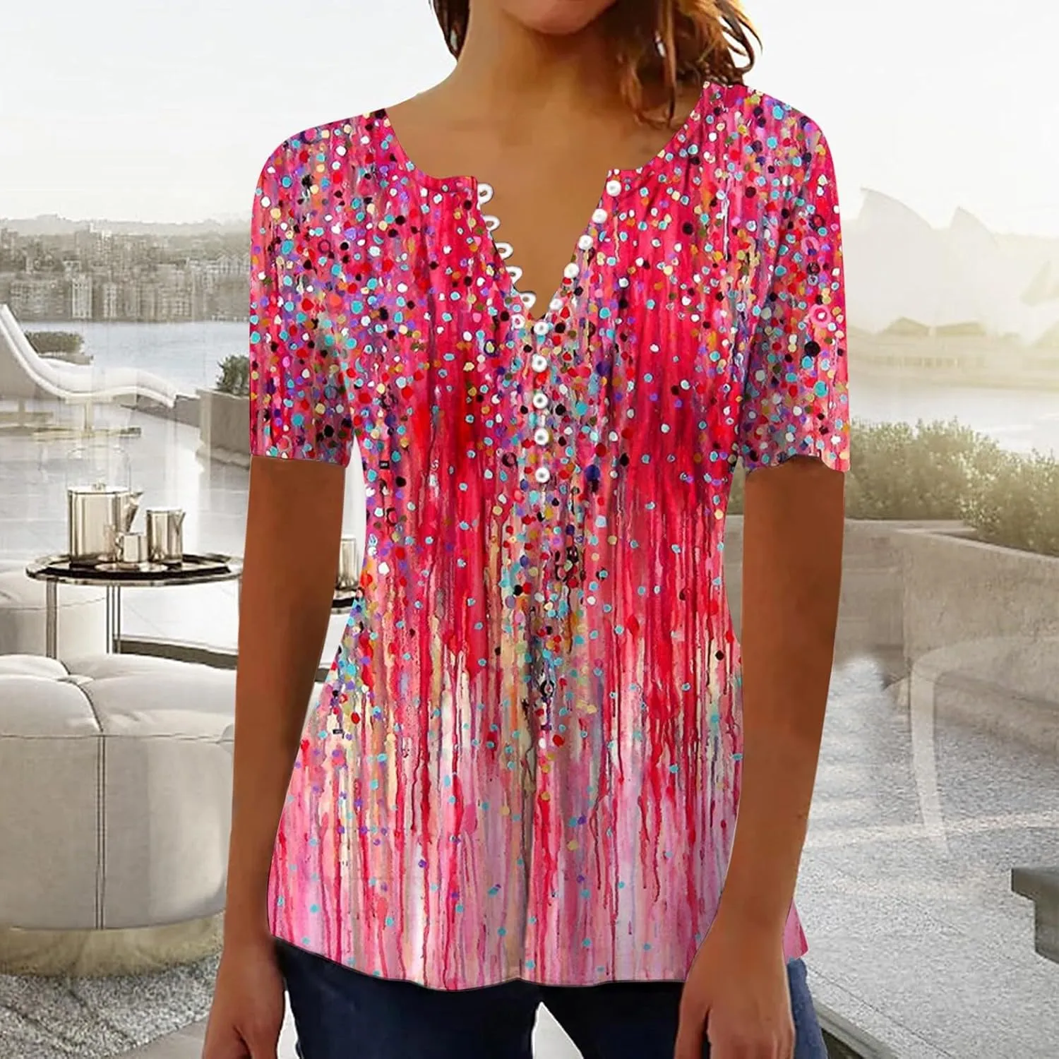 Empire Waist Button Down Shirts for Women Fashion Short Sleeve Floral Print Bohemian Tunic Tops Summer Causal Blouse