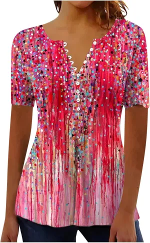 Empire Waist Button Down Shirts for Women Fashion Short Sleeve Floral Print Bohemian Tunic Tops Summer Causal Blouse