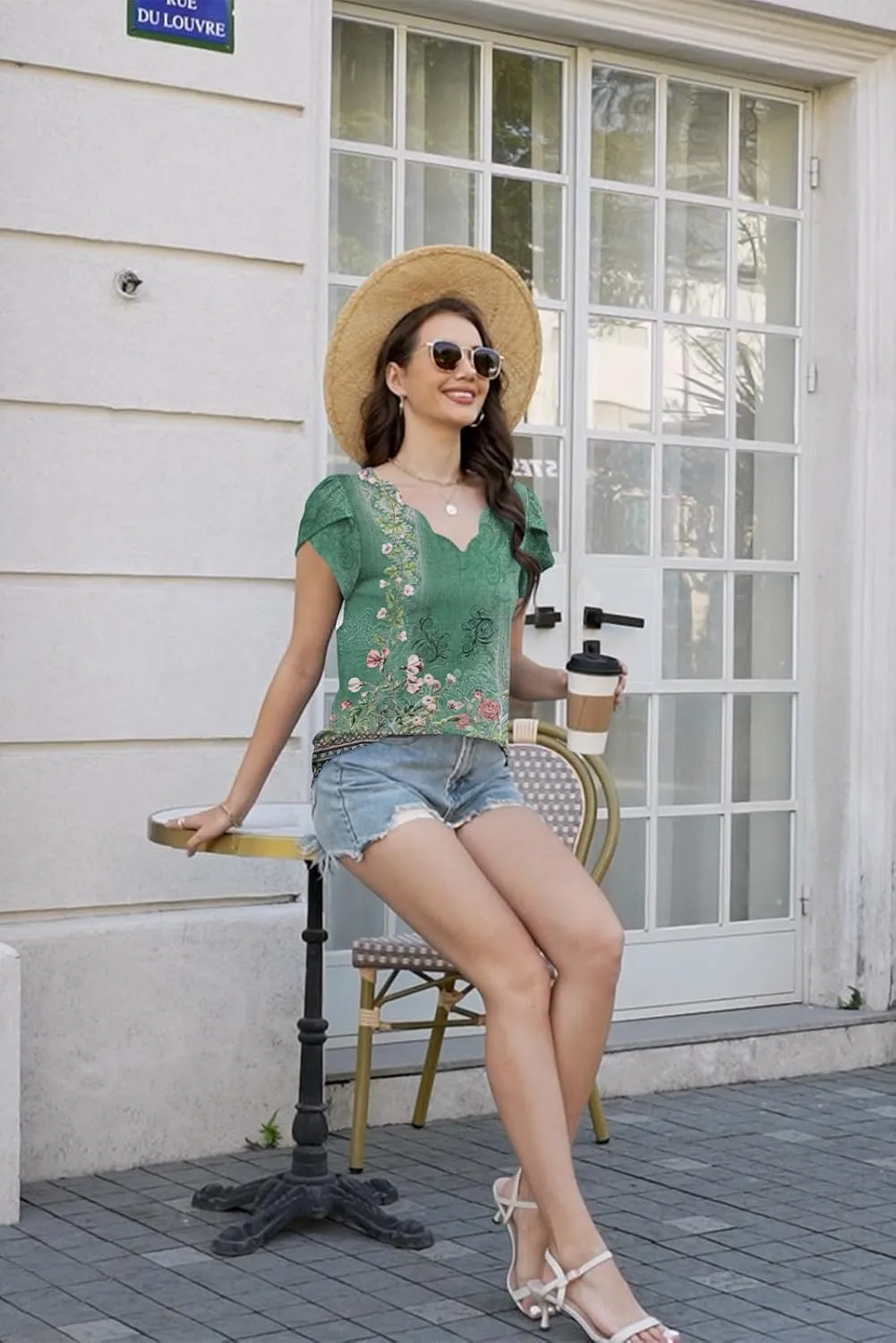 ETCYY Womens Tops Petal Short Sleeve Shirts Spring 2025 Fashion Summer Casual V Neck T Shirt Floral Solid Blouse Tunics