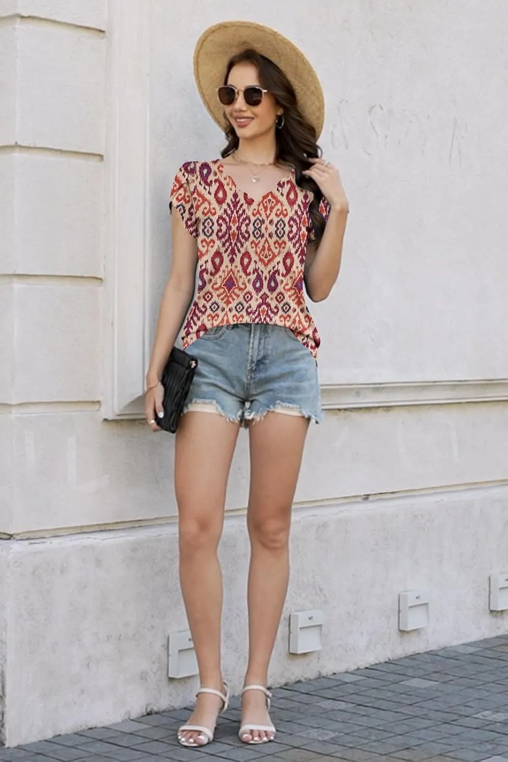 ETCYY Womens Tops Petal Short Sleeve Shirts Spring 2025 Fashion Summer Casual V Neck T Shirt Floral Solid Blouse Tunics