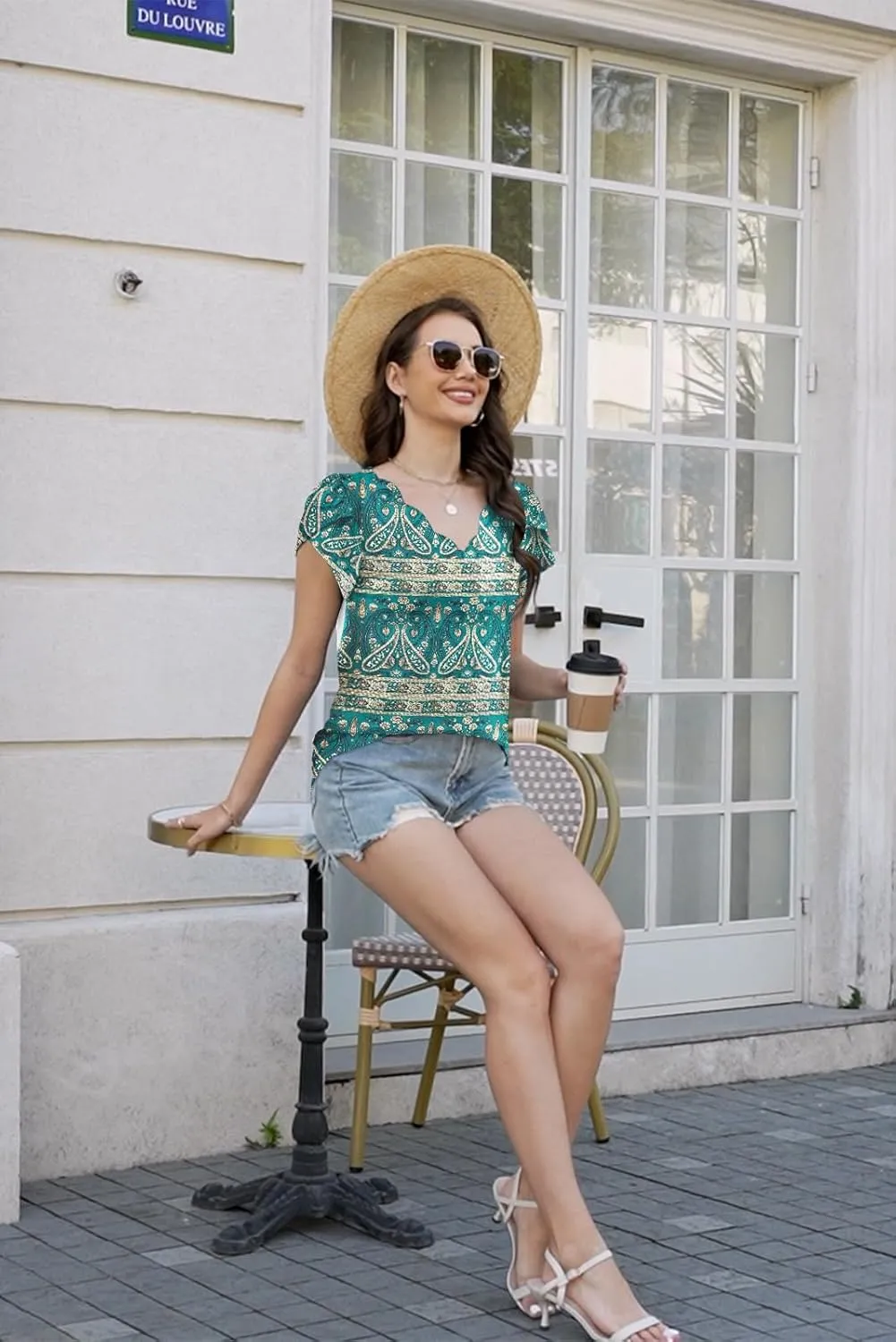 ETCYY Womens Tops Petal Short Sleeve Shirts Spring 2025 Fashion Summer Casual V Neck T Shirt Floral Solid Blouse Tunics