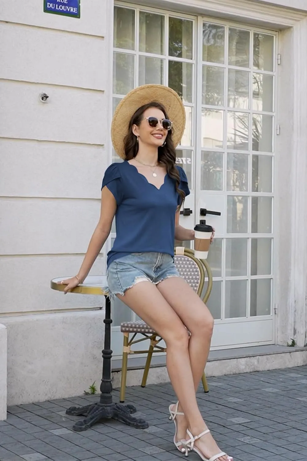 ETCYY Womens Tops Petal Short Sleeve Shirts Spring 2025 Fashion Summer Casual V Neck T Shirt Floral Solid Blouse Tunics