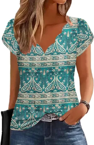 ETCYY Womens Tops Petal Short Sleeve Shirts Spring 2025 Fashion Summer Casual V Neck T Shirt Floral Solid Blouse Tunics