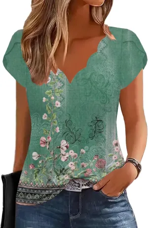 ETCYY Womens Tops Petal Short Sleeve Shirts Spring 2025 Fashion Summer Casual V Neck T Shirt Floral Solid Blouse Tunics
