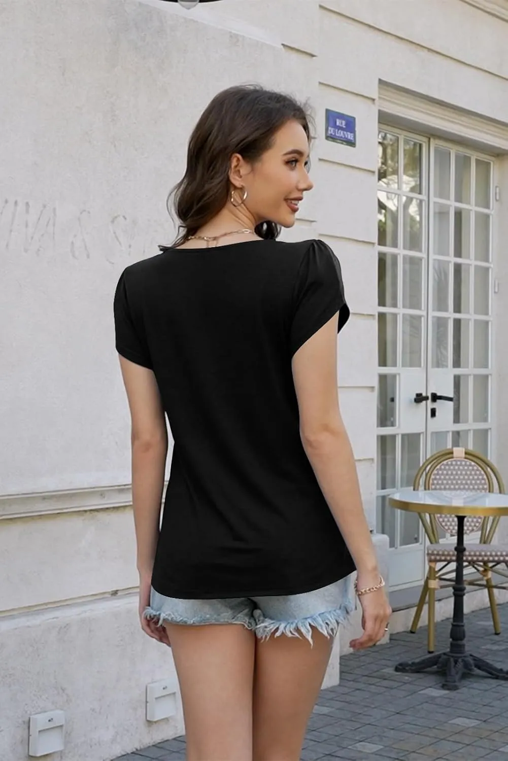 ETCYY Womens Tops Petal Short Sleeve Shirts Spring 2025 Fashion Summer Casual V Neck T Shirt Floral Solid Blouse Tunics