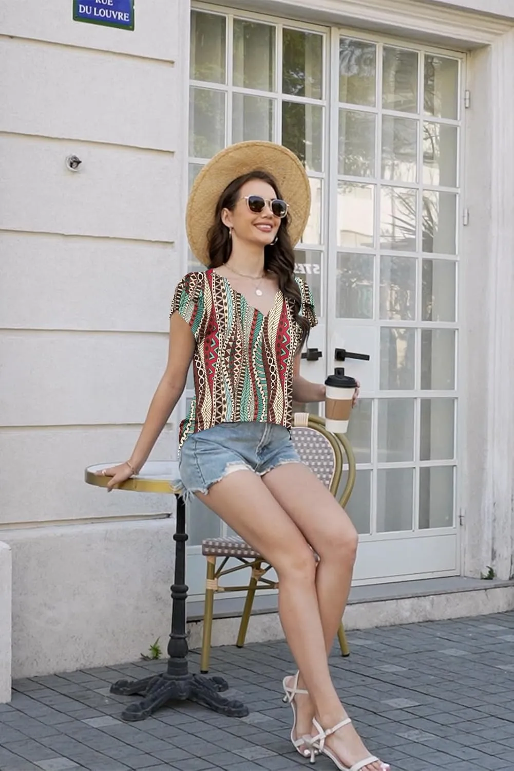 ETCYY Womens Tops Petal Short Sleeve Shirts Spring 2025 Fashion Summer Casual V Neck T Shirt Floral Solid Blouse Tunics