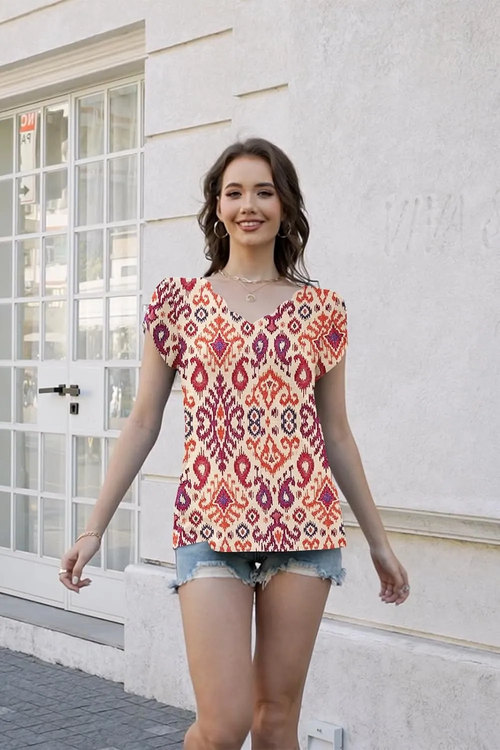 ETCYY Womens Tops Petal Short Sleeve Shirts Spring 2025 Fashion Summer Casual V Neck T Shirt Floral Solid Blouse Tunics