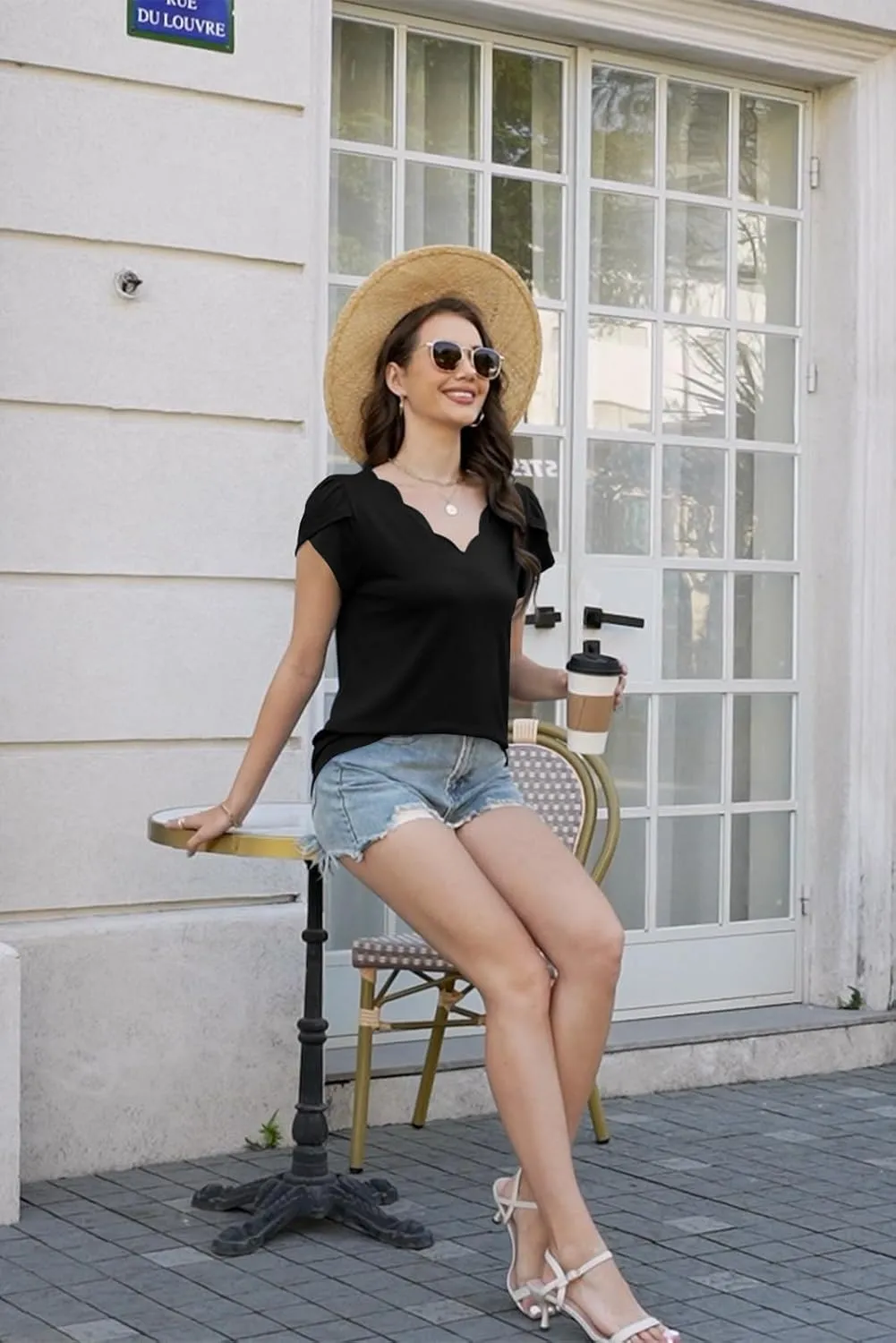 ETCYY Womens Tops Petal Short Sleeve Shirts Spring 2025 Fashion Summer Casual V Neck T Shirt Floral Solid Blouse Tunics