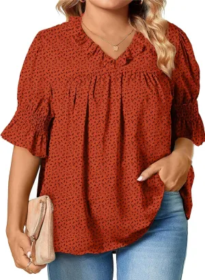 Eytino Womens Plus Size Floral Print Blouses V Neck Ruffle Flowy Short Sleeve Shirts Babydoll Casual Tunic Tops(1X-5X)