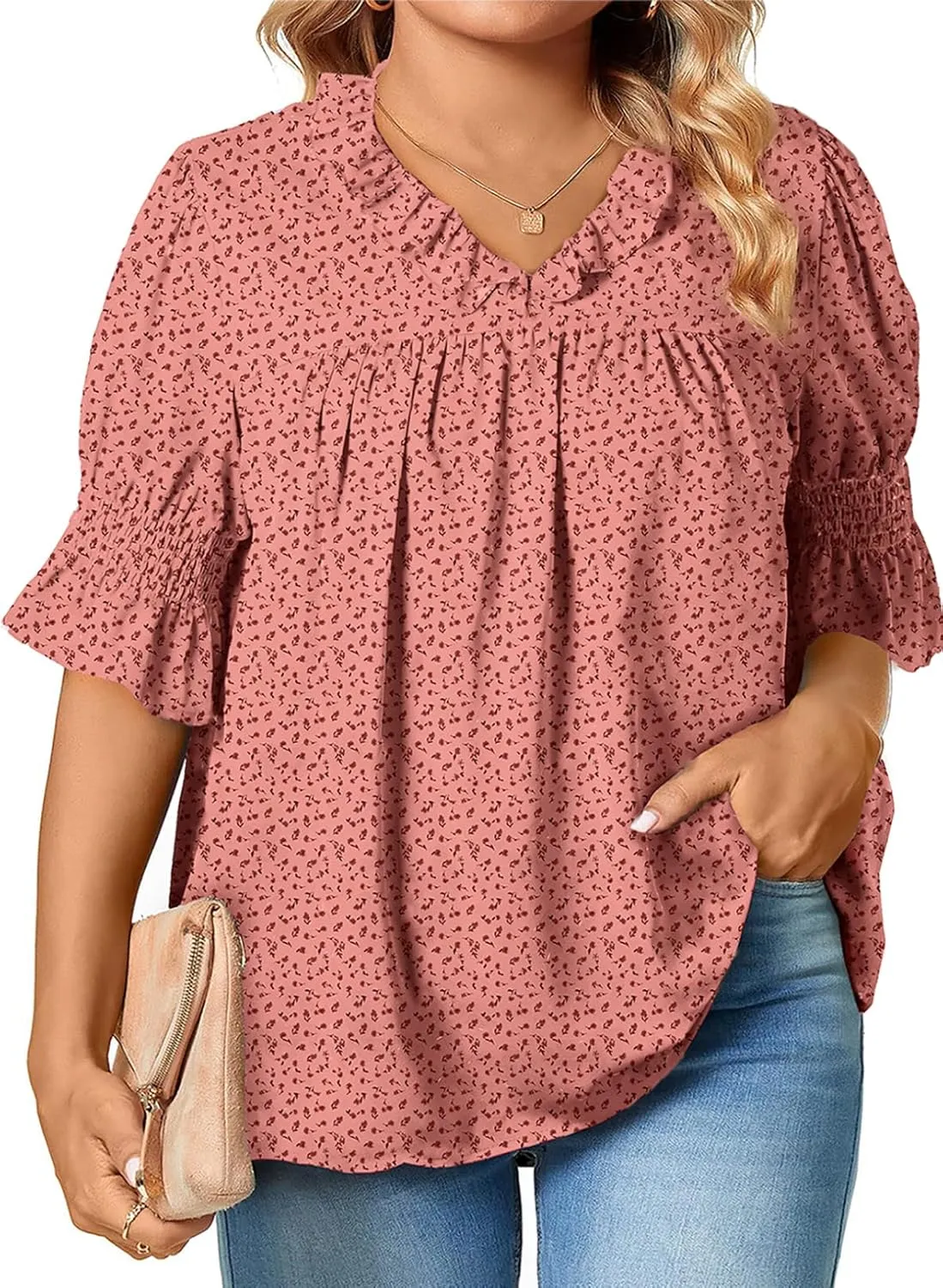 Eytino Womens Plus Size Floral Print Blouses V Neck Ruffle Flowy Short Sleeve Shirts Babydoll Casual Tunic Tops(1X-5X)