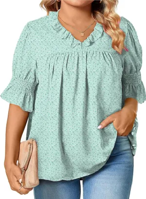 Eytino Womens Plus Size Floral Print Blouses V Neck Ruffle Flowy Short Sleeve Shirts Babydoll Casual Tunic Tops(1X-5X)