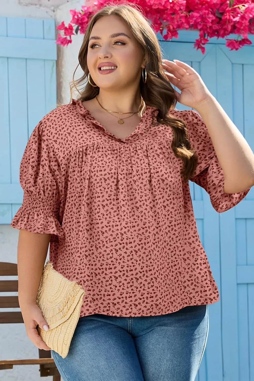 Eytino Womens Plus Size Floral Print Blouses V Neck Ruffle Flowy Short Sleeve Shirts Babydoll Casual Tunic Tops(1X-5X)