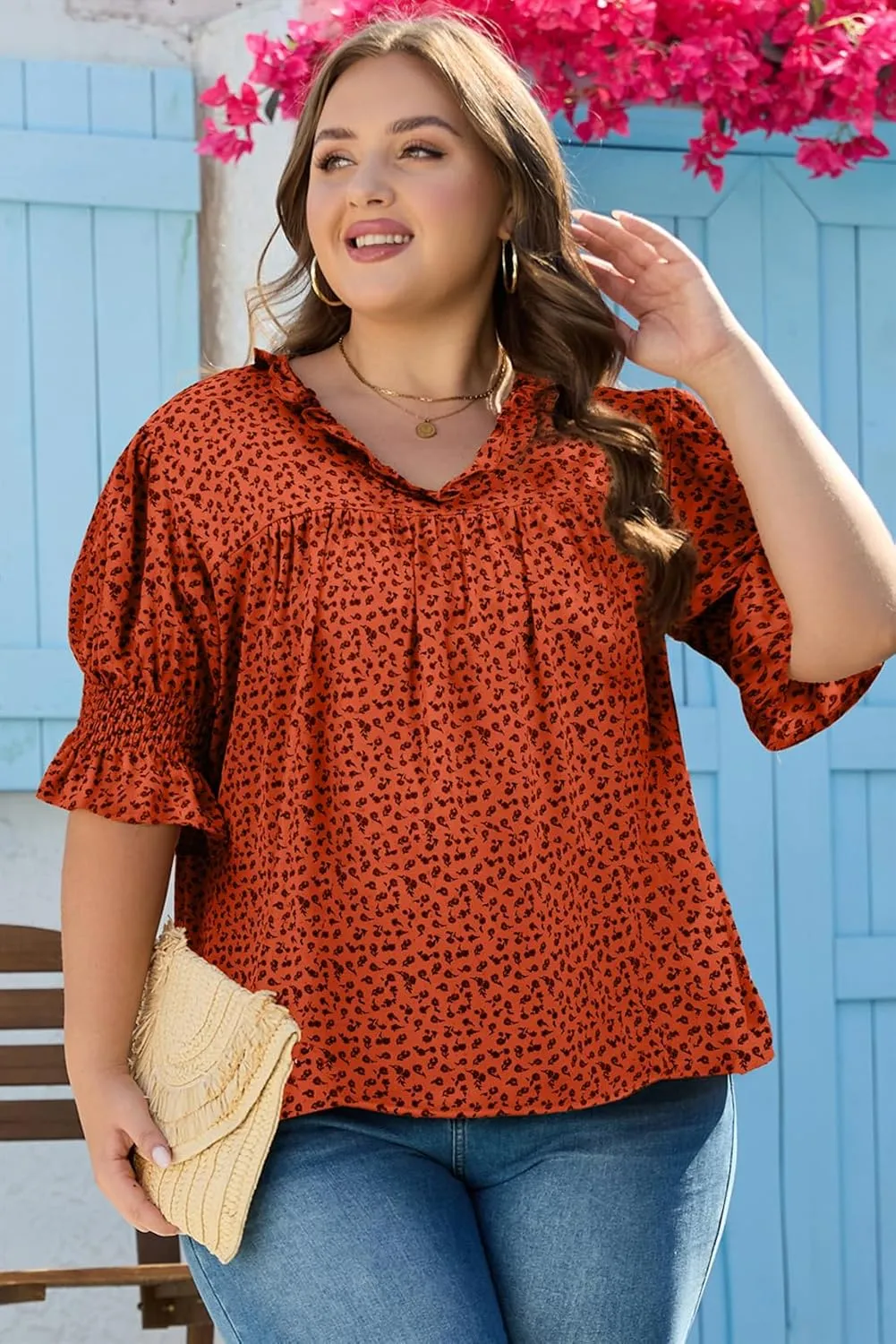 Eytino Womens Plus Size Floral Print Blouses V Neck Ruffle Flowy Short Sleeve Shirts Babydoll Casual Tunic Tops(1X-5X)