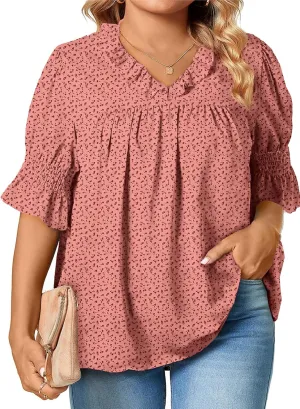 Eytino Womens Plus Size Floral Print Blouses V Neck Ruffle Flowy Short Sleeve Shirts Babydoll Casual Tunic Tops(1X-5X)