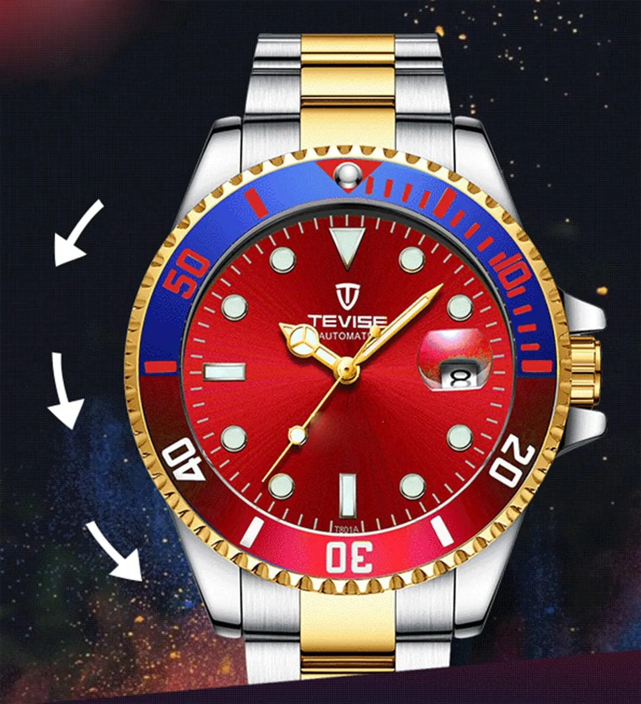 FANMIS Mens Luxury Rotatable Bezel Calendar Sport Luminous Business Quartz Waterproof Stainless Steel Watches