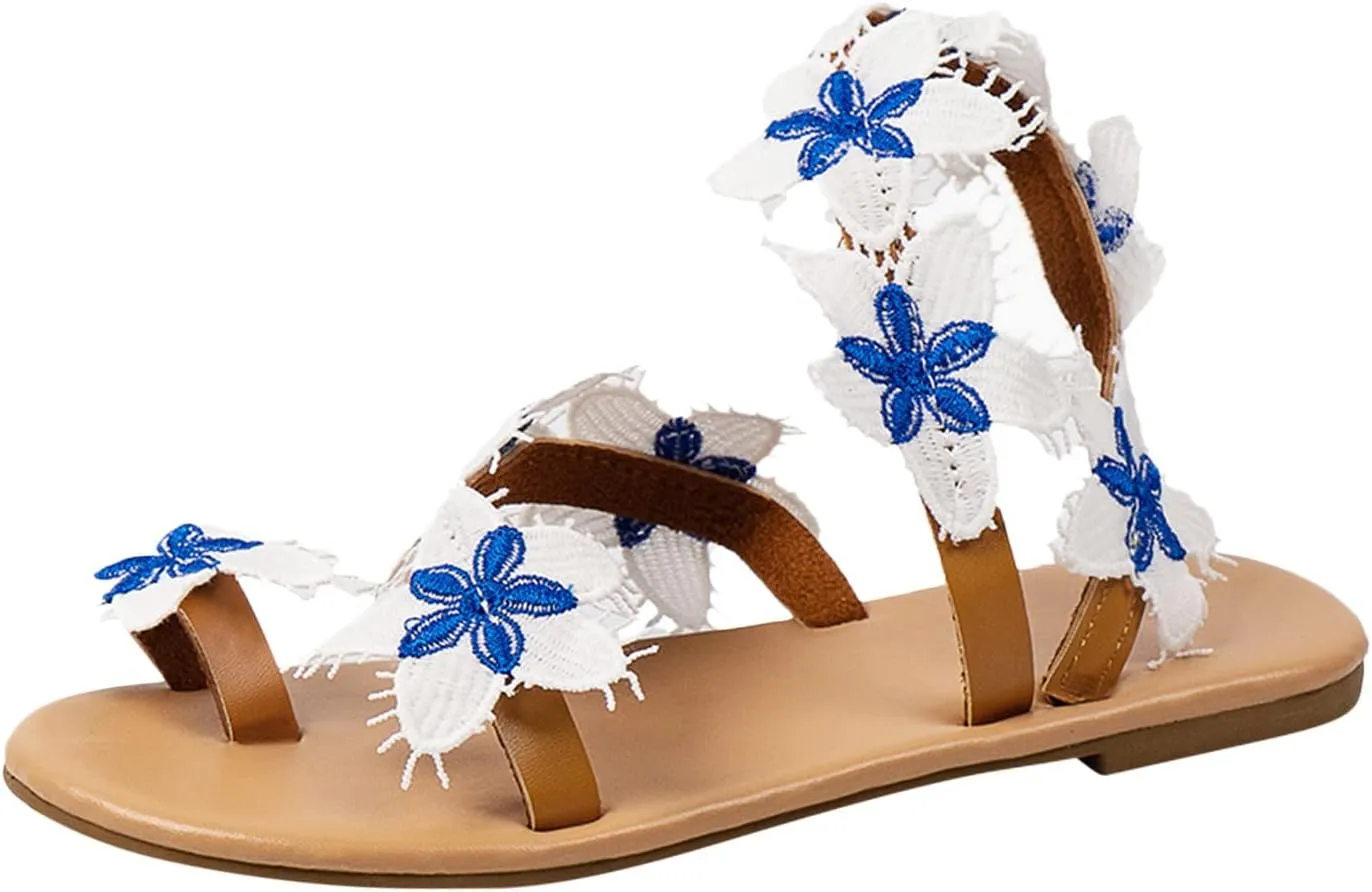 Fashion Floral Embroidered Lace Sandals Women Summer Slingback Clip Toe Flats Casual Vacation Walking Footwear
