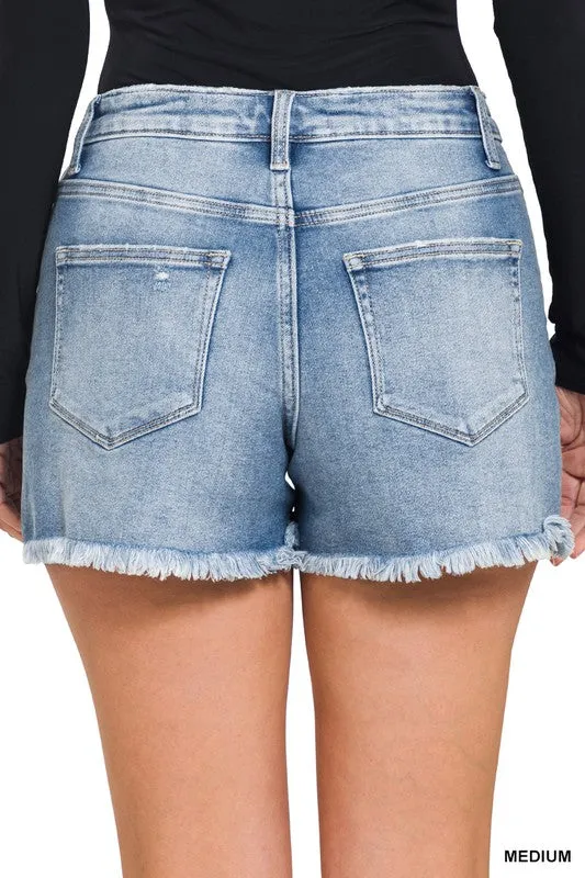 Frayed Hem Button Fly Denim Shorts - Medium Wash - Final Sale