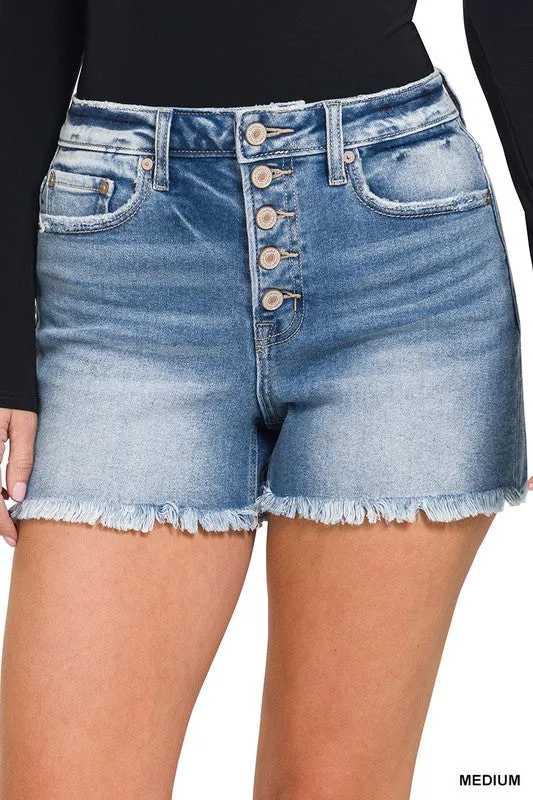 Frayed Hem Button Fly Denim Shorts - Medium Wash - Final Sale
