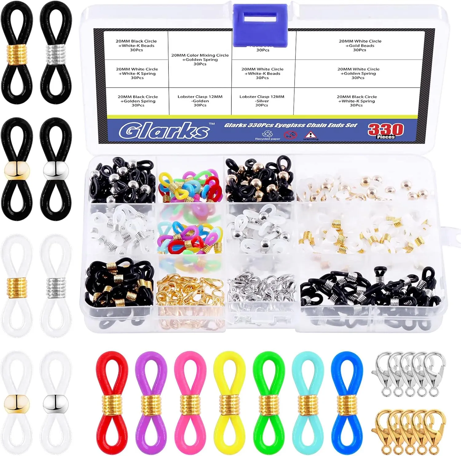 Glarks 330Pcs Eyeglass Chain Ends Set Including 270Pcs 9 Types Adjustable Silicone Spectacle End Connectors Silicone Spectacle Ends and 60Pcs Lobster Claw Clasps Eyeglass Holder Necklace Chain