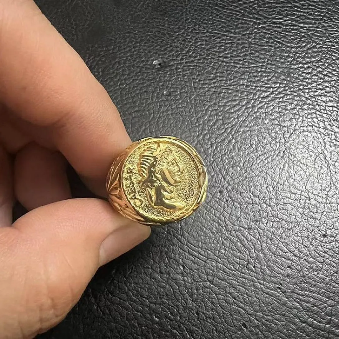 Gold Roman Emperor Signet Ring - Classic Roman Empire Coin Ring for Men
